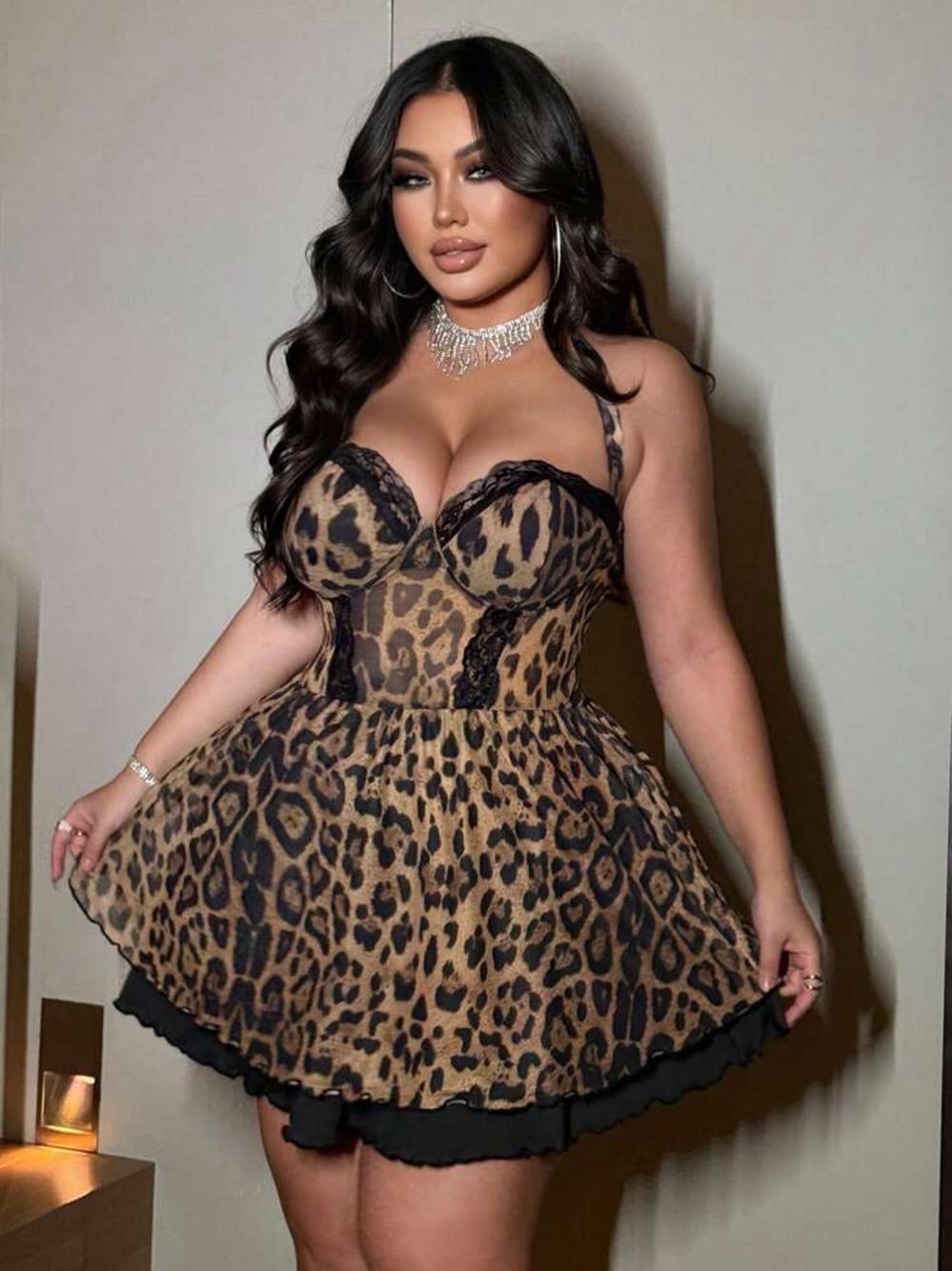 NEW Women’s Sexy Leopard Lace Patchwork A-Line Hem Mini Dress Size 1XL